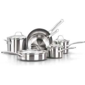 imageCalphalon Classic Stainless Steel Cookware Set 10Piece ImpactBonded Aluminum Base StayCool Handles10Piece